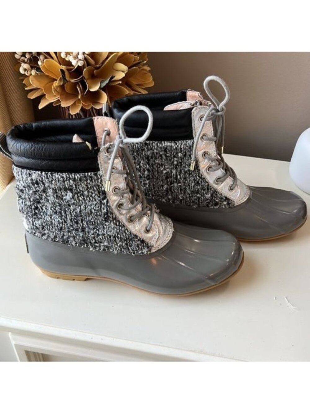 Sam Edelman Caldwell Waterproof RainSnow Duck Boots Silver Gray Tweed size 8
